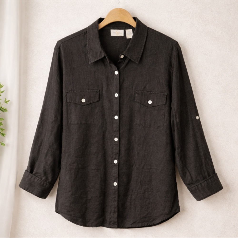 Chocolate Brown 100% Linen Long Sleeve Button Down Shirt Top Womens 2X Boxy Chic